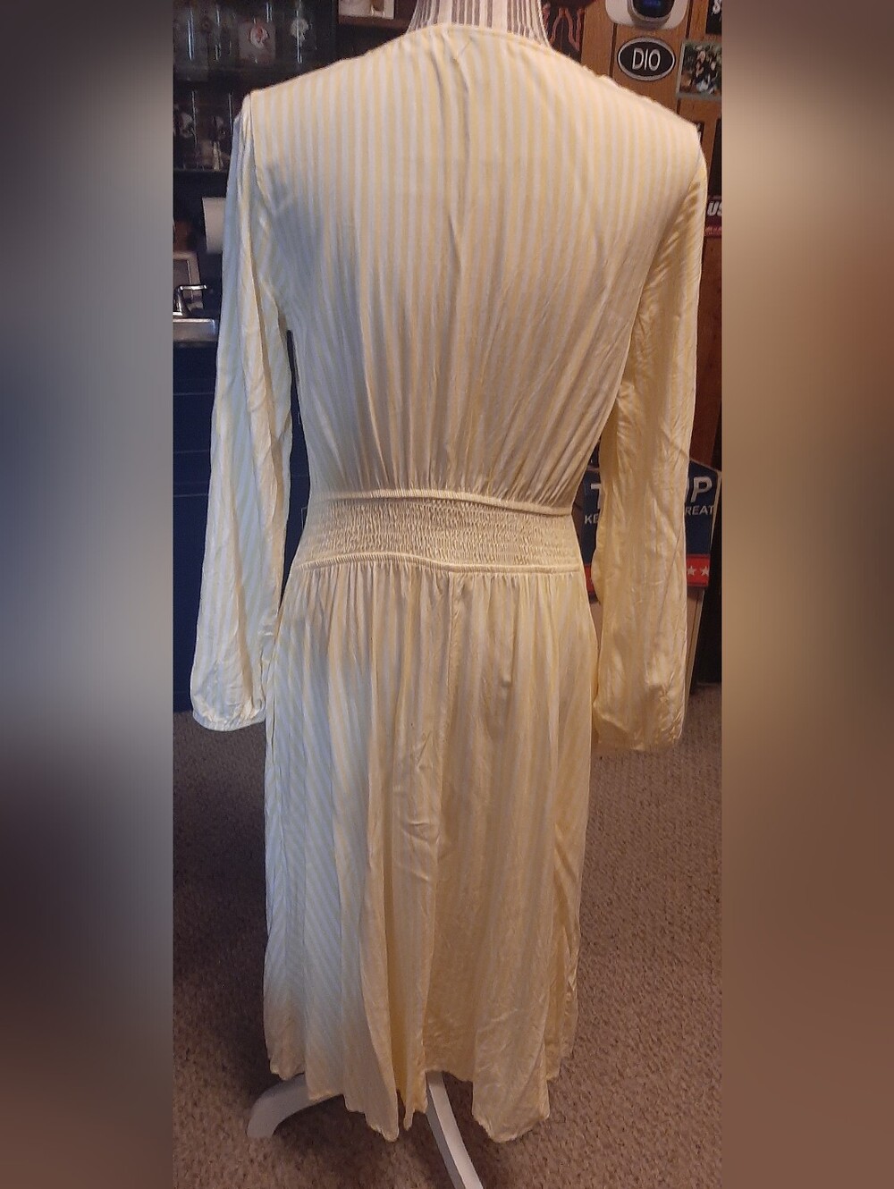 Women’s Pale Yellow Striped Long Sleeve Midi Dress - Picture 3 of 4